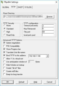 TFTP server nastavení cesty a vybrání síťové karty